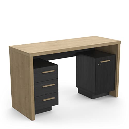 Demeyere Bureau 1 Porte/3 TIROIRS Oxford, Bois d'ingénierie, Chene Hamilton/Noir Structure, 1 312x500x755MM Cover