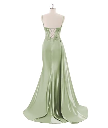 Sparkly Spaghetti Straps Lace Appliques Prom Dresses for Teens with Slit Maxi Satin Ball Gown Sweetheart Formal Party Dresses Emerald Green2