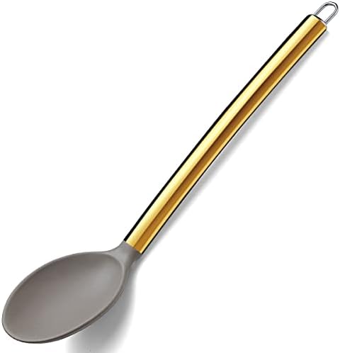Gold Cooking Spoon, Berglander Non-stick Silicone Solid Serving Spoon Titanium Gold Plating handle, Basting Spoon, Spoon For Cooking, Kitchen Spoon, Dishwasher Safe, Easy to Clean