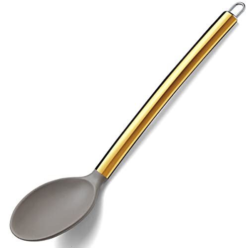 Gold Cooking Spoon, Berglander Non-Stick Silicone Solid Serving Spoon Titanium Gold Plating Handle, Basting Spoon, Spoon For Cooking, Kitchen Spoon, Dishwasher Safe, Easy To Clean #TOP7
