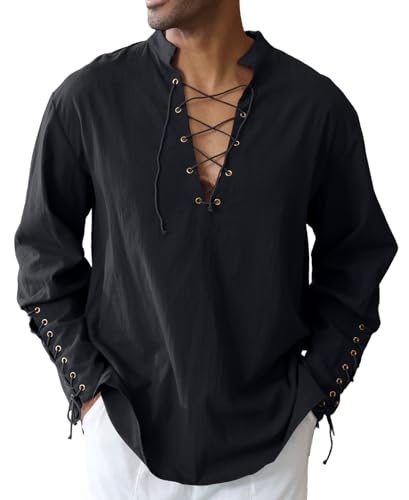 Camisa de algodón para hombre, con cordón en el brazo, vintage,