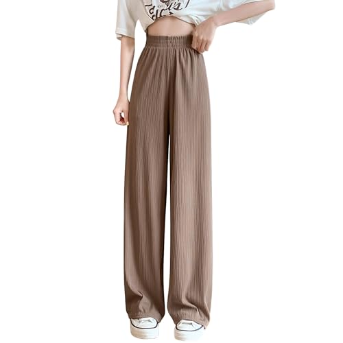 Wide Leg Pants for Women Summer High Waist Elastic Loose Fit Ice Silk Lounge Trouser Flowy Straight Palazzo Pants(Khaki,XX-Large)
