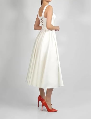 Women's Vintage Satin Cocktail Dresses Tea Length A-Line Prom Dresses Spaghetti Straps Scoop Neck with Pockets 20253