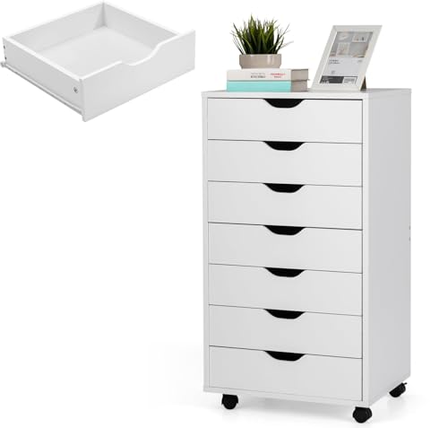 KOMFOTTEU Armoire de Classement avec 7 Tiroirs, Caisson de Rangement Mobile avec 2 Roulettes verrouillées, Classeur de Dossiers en Bois, pour Bureau, Salon,...