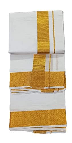 Kolakeer™ Men's Cotton Kasavu Dhoti and Angavastram Set - 2.0Mtrs 100K Veshti Mundu and 100K 1.8Mtrs Angavastram (WBB-White)3