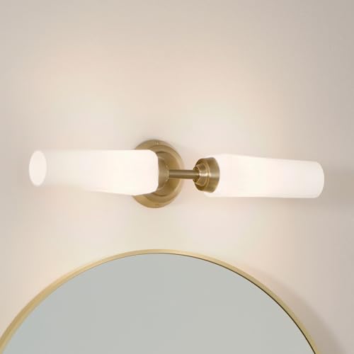 Image of Kichler Truby 2-Light Bathroom Vanity Light Fixture with Satin Etched Cased Opal Glass in Champagne Bronze, Modern Art Deco Wall Sconce for Mirror (20.75 in x 4.5 in), 55074CPZ