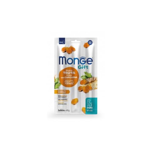 Monge Snack Cane Gift Stick, snack per cani di tutte le etá,gusto Trota Fresca con Curcuma,senza cereali,favorisce il supporto delle articolazioni | 3 bustine da 135 grammi l’una.