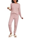 Ekouaer Womens Pyjamas Ribbed Lounge Wear Sets Loungewear Autumn & Winter Ladies Pjs Set 2 Piece Outfits Lounge Pants and Long Sleeve T-Shirt Pink XXL