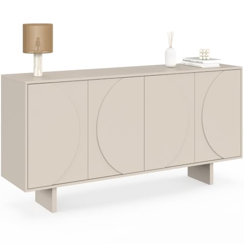 IDMarket - Aparador Arvin de 160 cm de ancho con 4 puertas y relieves redondeados, aspecto de madera en color beige