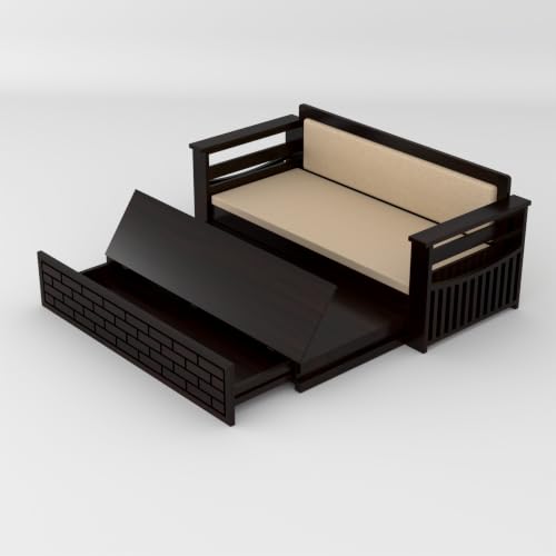 Image of Solid Sheesham Wood Sofa Cums Bed with Mattress & Storage | Rosewood Convertible Sofa Bed for Living Room & Bedroom (E-Walnut, 3 Seater)