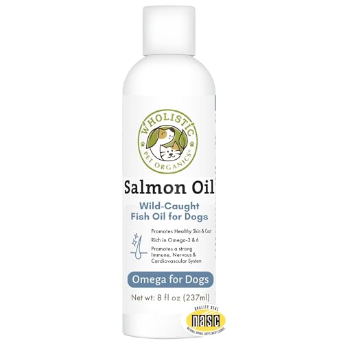 Wholistic Pet Organics Salmon Oil: Deep Sea Wild Alaskan Salmon Oil for Dogs and Cats - Natural Omega 3 Dog Fish Oil Supplement with EPA and DHA for Skin, Coat, Heart and Nervous System Health