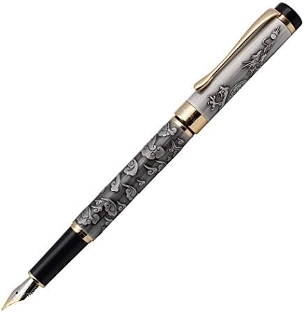 zoohot Ancient Silver Jinhao Dragon Fountain Pen Fine Nib Executive Fountain Pens Set, Vintage Pens Collection, Business Pen, Ink Refill Converter