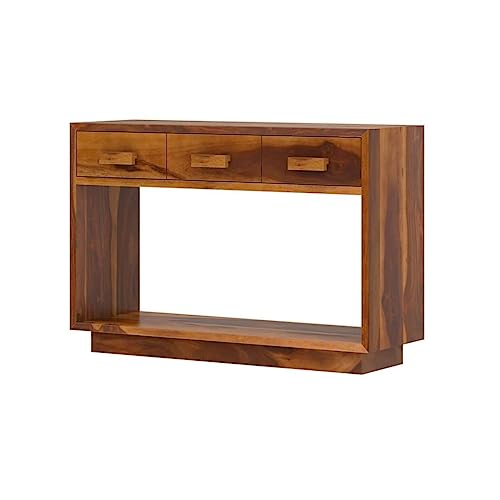 Image of Solid Sheesham Wood Console Table for Living Room | Entryway Hallway Sofa & Fish Tank Table with 3 Drawers & Shelf Storage | Rosewood Honey Finish