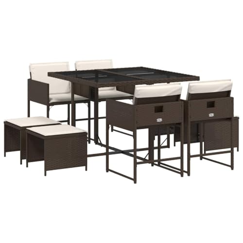 QJBSAVVA Salon de jardin 9 pièces en rotin synthétique avec table en verre, 4 chaises, 4 tabourets et coussins, système de cubes peu encombrant pour jardin, terrasse et balcon, marron
