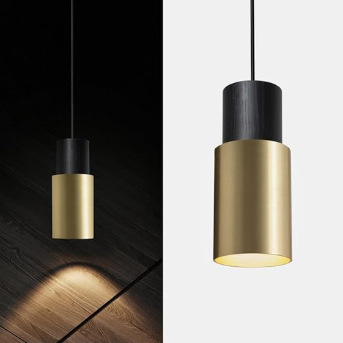 Ouglres Lampa wisząca, czarno-złota, 1 żarówka, drewno, industrialna, cylindryczna, lampa wisząca, wyspa kuchenna, aluminiowy klosz, lampa wisząca w stylu vintage, E27, do sypialni, jadalni, baru, z