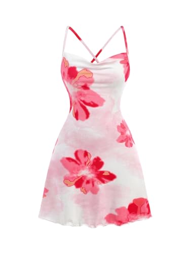 WDIRARA Girl's Floral Cami Dress Spaghetti Strap Criss Cross Backless Short Dress