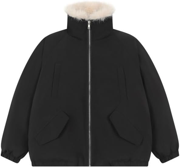 Winter Thick Black Cotton Padded Jacket with Stand Up Collar for Both Men Women