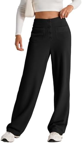 EVALESS Womens Casual Straight Leg Pants 2024 Fashions High Waisted Button Down Business Work Trousers with Multiple Pockets