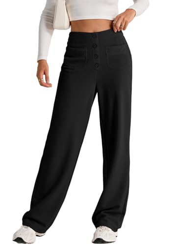EVALESS Womens High Waist Button Stretchy Work Pants Straight Leg