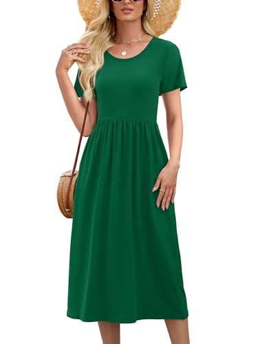 Image of Heymoments Women's Casual Short Sleeve Midi Dress Crewneck A Line Tiered Flowy Loose Travel Long Dresses with Pockets