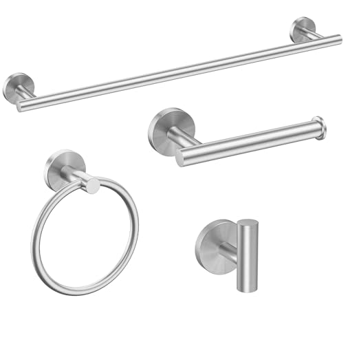 USHOWER Brushed Nickel Bathroom Hardware Set, Modern 24-Inch Towel Bar Set Wall Mounted, Durable SUS304 Stainless Steel Bathroom Accessories Set, 4-Piece