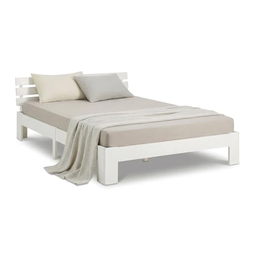 Homestyle4u 1892, Lit Double en Bois de pin Massif 120x200, Lit Double avec sommier à Lattes, Blanc, Pin Massif