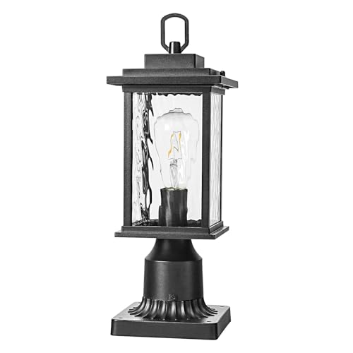 Aluminum Outdoor Post Light for Garden Lawn Backyard Pathway Entryway, Pier Mount Outdoor Lighting, Waterproof Outside Lamp Post Lights, Black Outdoor Pole Light Pillar Lantern with Glass