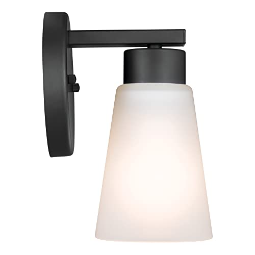 Image of Kichler Stamos Wall Sconce 1-Light with Satin Etched Glass, Modern Bathroom or Hallway Light in Black, (8 inch H x 5 inch W x 6 inch D)