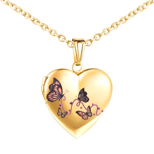 INFINIONLY - INFINIONLY Colliers Médaillons Cœur en Acier Inoxydable pour Femme Fille Enfant Pendentif Papillon Coloré Collier Souvenir Photo Personnalisé, Or