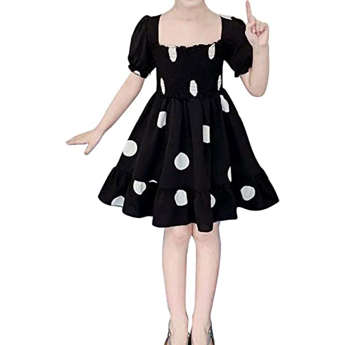 Moonker Girls' Clothes Big Children's Dress Short Sleeved Square Neck Dress Polka Dot Dress Summer Dress Girls3