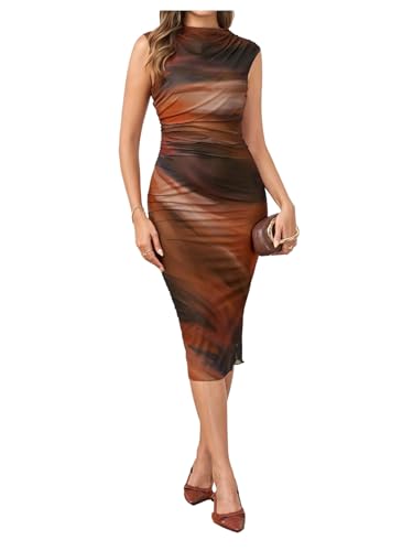 Women's Tie Dye Bodycon Dress Ruched Mock Neck Mesh Elegant Pencil Midi Dresses