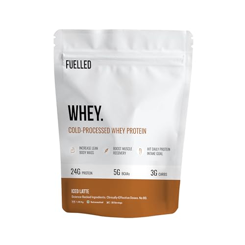 Image of FUELLED Whey Protein Powder Concentrate & Isolate with 24 g Protein, 5 g BCAA (4 kg, 120 Servings) Lab Tested with Premium Metallic Shaker (Iced Latte)