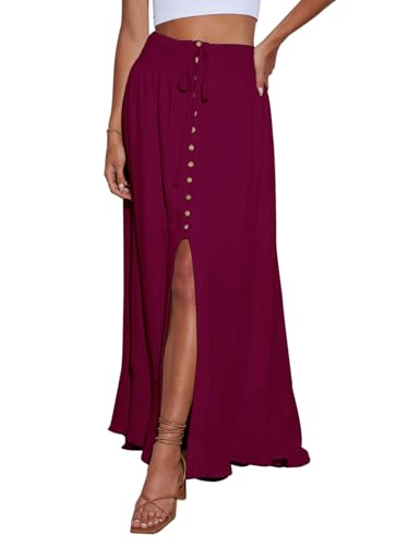Image of Minclouse Women's Elastic Tie Waist Button Down Maxi Skirts Casual Loose Flowy Swing Slit Front Dress