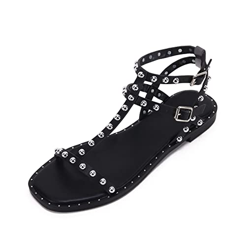 Coutgo Womens Strappy Gladiator Flat Sandal Square Open Toe Studded T Strap Rivet Slingback Buckle Beach Sandals #TOP13