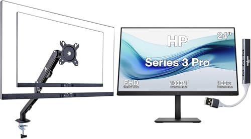 Image of HP Series 3 Pro 24 inch FHD IPS Monitor with 5ms Response Time, Anti Glare, Flicker Free, Tilt, Swivel, Pivot, VESA Mount (100mm), Displayport, HDMI, Black Color w /DKZ Hub & ErgoFlexy Single Mount Arm