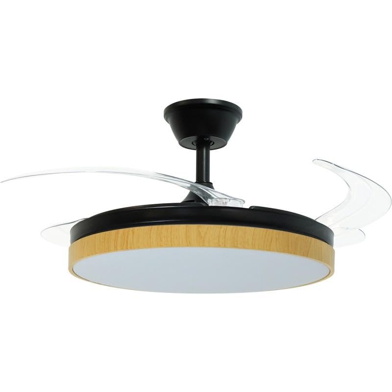 DRW Ventilador de Techo con luz y 3 aspas retractiles de Metal y acrilico en Negro y Natural Aeolus 53x106x106 cm