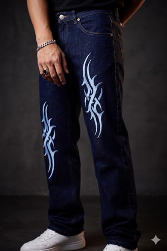 Image of Premium Men's Dark Blue Loose Fit Printed Jeans - Bold Tribal Graphic Streetwear Denim