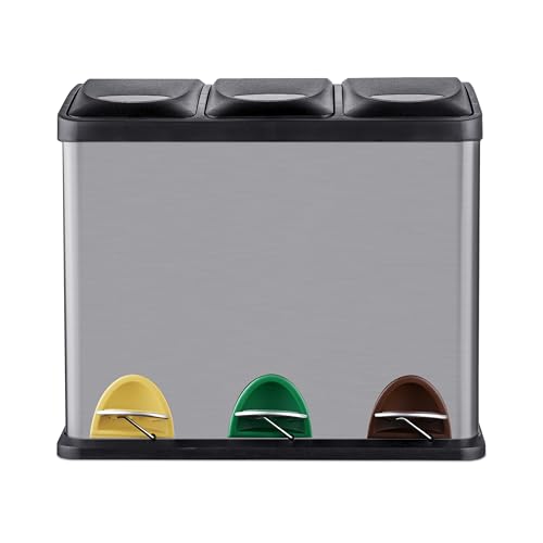 Relaxdays Mülleimer, 3 Fächer, 24 L, Fußpedal, Inneneimer, Mülltrenner Küche, HBT 39,5 x 46 x 26,5 cm, Edelstahl, Silber