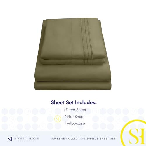 Image of Twin Sheets - Breathable Luxury Sheets with Full Elastic & Secure Corner Straps Built In - 1800 Supreme Collection Extra Soft Deep Pocket Bedding Set, Sheet Set, Twin, Olive