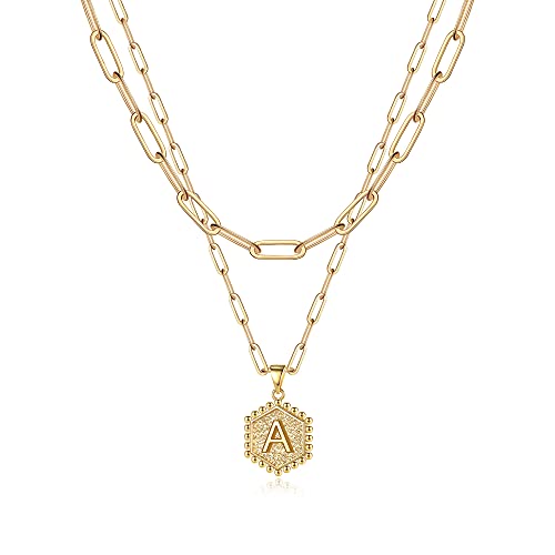Collier initial en couches or 14K chaîne trombone bijoux femme