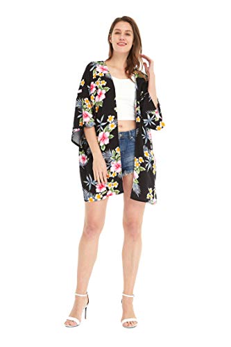 Matching Hawaiian Luau Mother Son Kimono Boy Shirt in Hibiscus Black2