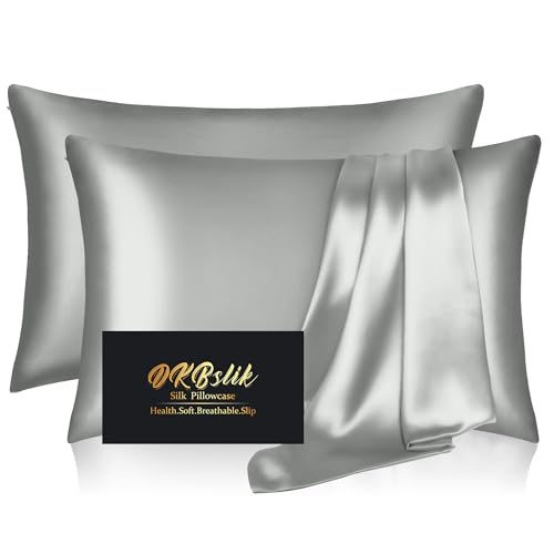 Image of Silk Pillowcase 2 Pack, Natural Mulberry Silk Pillow Cases, Anti Acne Silk Pillowcase for Hair and Skin, King Size Silk Satin Pillowcase Set of 2 with Zipper, Gifts for Sleeping Women, Silver Grey