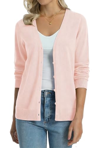 Image of QUALFORT Women's 100% Cotton Lightweight Cardigans Long Sleeve Knitted Button Down Sweater