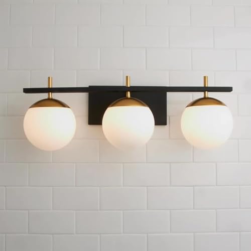 Image of Mid Century 3-Light Bathroom Vanity Light Over Mirror, Black and Gold Modern Bathroom Light Fixtures with Milky White Frosted Glass Globe Shade, Wall Sconces for Bathroom, Stairs, Kitchen