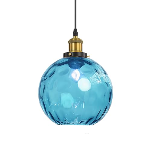 EKSED Suspension Boule Verre Ondulé - Lampe Suspendue Vague avec Abat-Jour Laiton pour Îlot Cuisine & Salle à Manger (Bleu clair, 20cm)