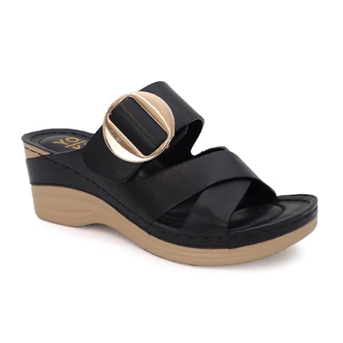 YOKI IRENA Wedge Sandals For Women With Crisscross Strap And Buckle - Summer Sandal With Cushioned Footbed & Womens Sandals Comfortable Dressy (Black, Size 9)2