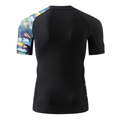HUGE SPORTS Men's Splice UV Sun Protection UPF 50+ Skins Rash Guard Short Sleeves(HeyToucan,XL)