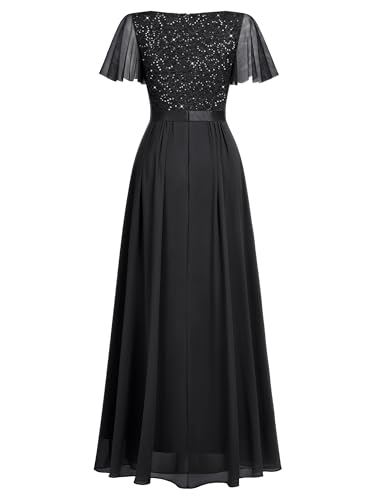 Miusol Women's Elegant Deep-V Neck Ruffle Tulle Sleeve Sequin Lace Formal Maxi Dress4