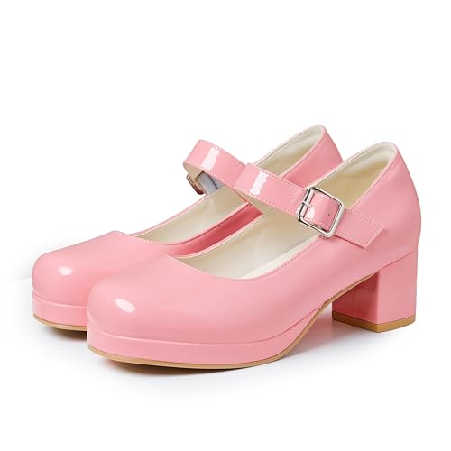 Image of femflame Women's Low Chunky Heel Mary Jane Pumps Ankle Buckle Strap Sweet Round Toe Dress Shoes JK Cosplay Uniform Dress Shoes
