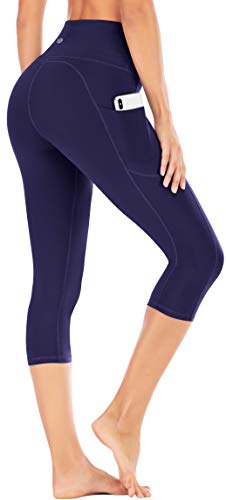 IUGA High Waisted Yoga Pants for Women with Pockets Capri Leggings for Women Workout Leggings for Women Yoga Capris (Navy Blue, M)